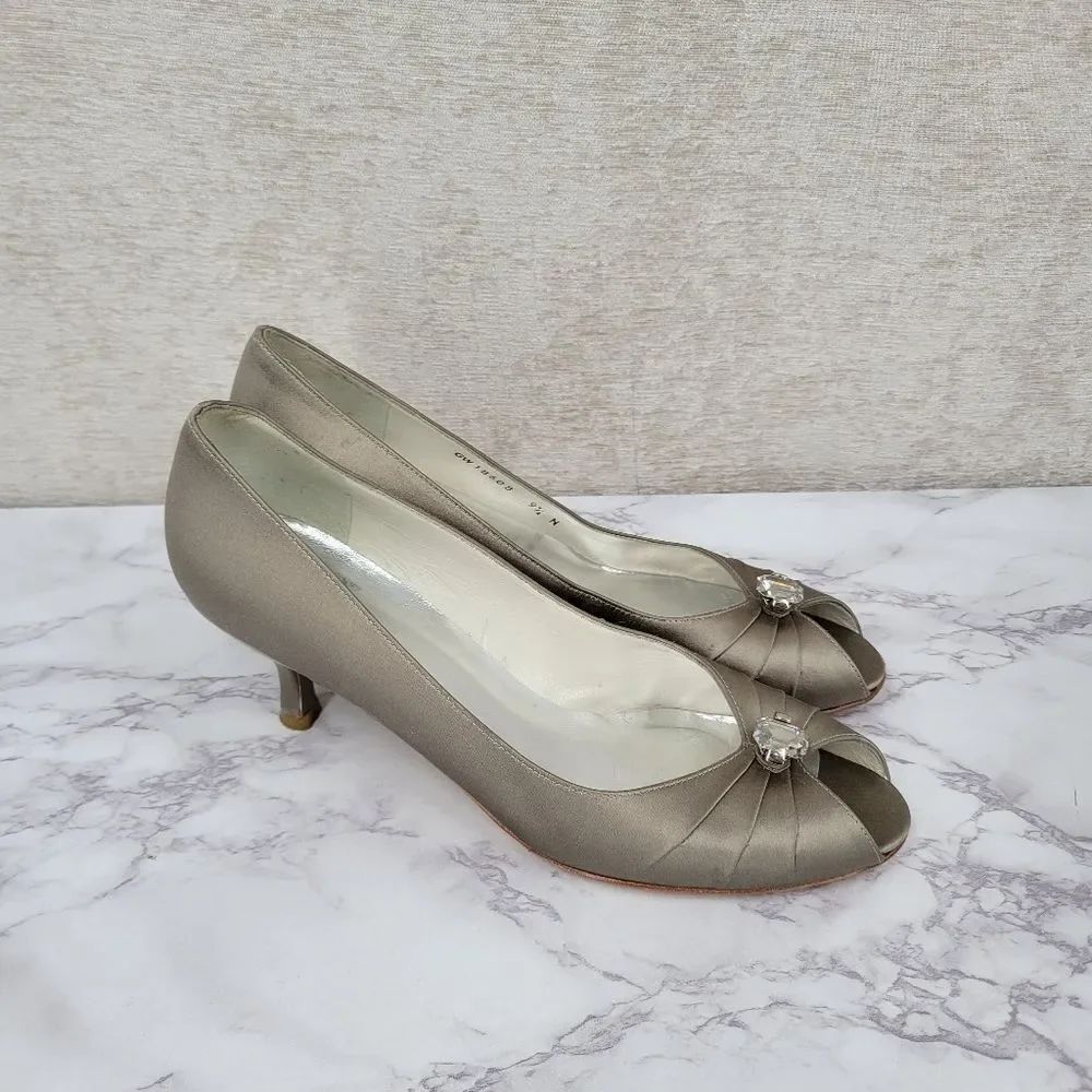 Stuart Weitzman Women's Silver Satin Peep-Toe Heels with Jewel Accent